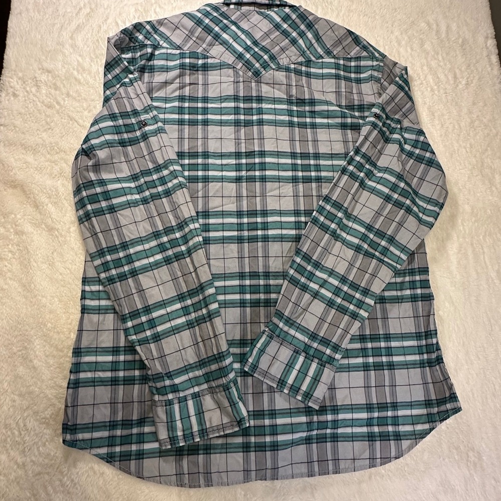 Helix Mens XL Teal Grey Plaid Western Pearl Snap Roll Tab Long Sleeve Shirt - Picture 7 of 9